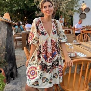 Zara embroidered puff sleeve mini dress